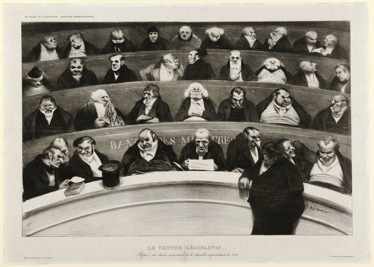 Lainsäädäntövatsa: Näkymä ministeripenkeistä improvisoidussa kammiossa 1834 (litografia) tekijältä Honoré Daumier