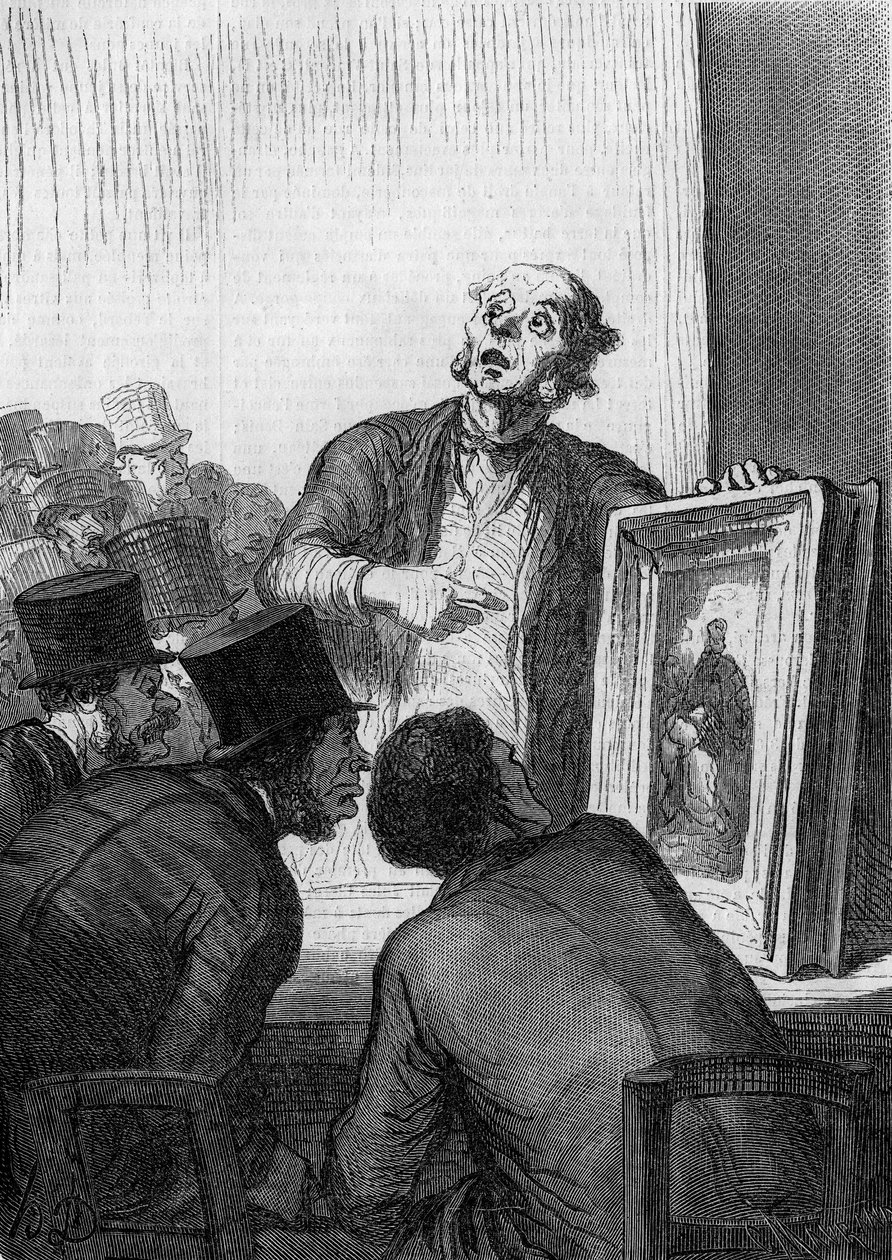Huutokauppatalo: taiteen asiantuntija. Honore Daumierin (1808-1879) karikatyyri. Kaiverrus "" Le Monde Illustré" -julkaisussa nro 308 7. maaliskuuta tekijältä Honoré Daumier
