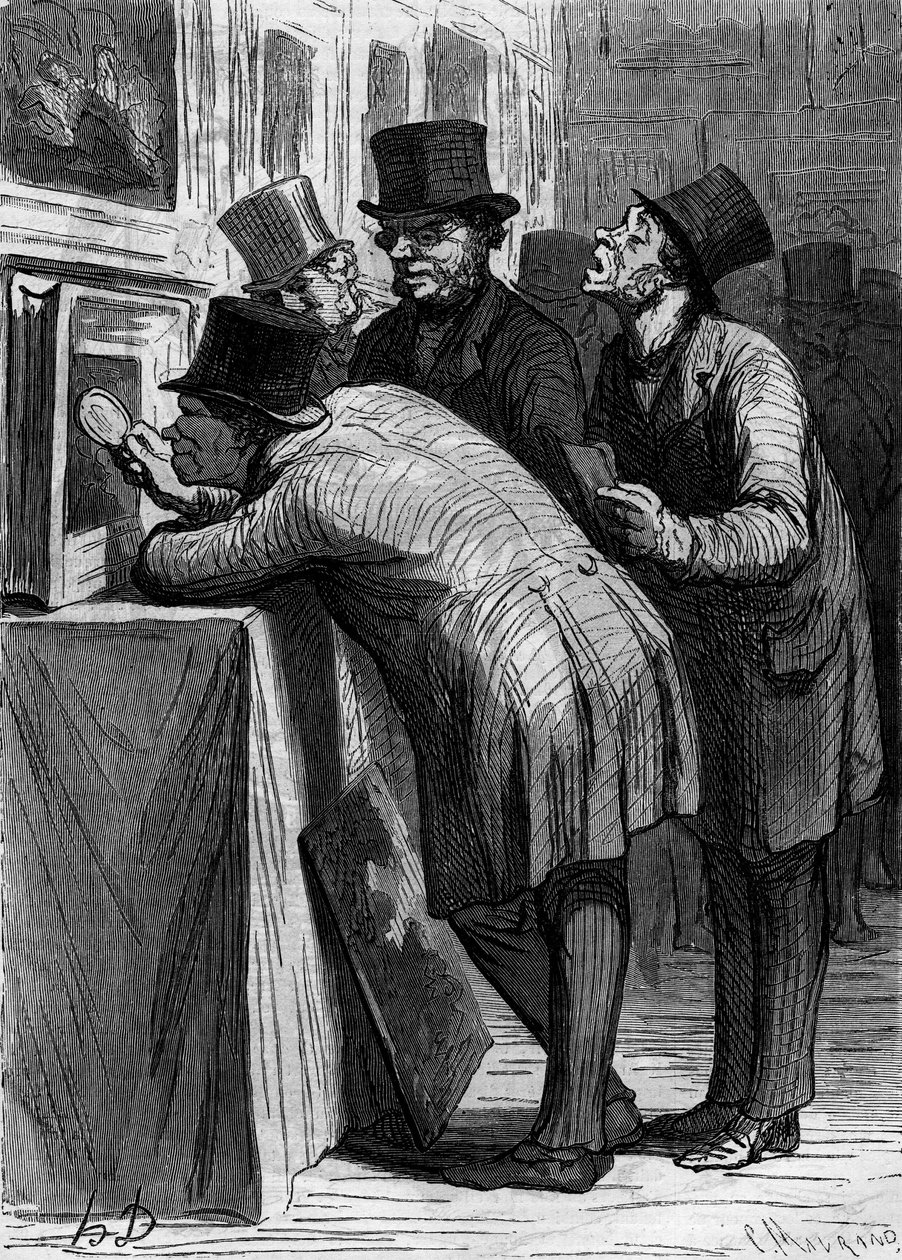 Huutokauppatalo: taiteen ystävä. Honore Daumierin (1808-1879) karikatyyri. Kaiverrus "" Le Monde Illustré" -julkaisussa nro 314, 18. huhtikuuta 1863. tekijältä Honoré Daumier