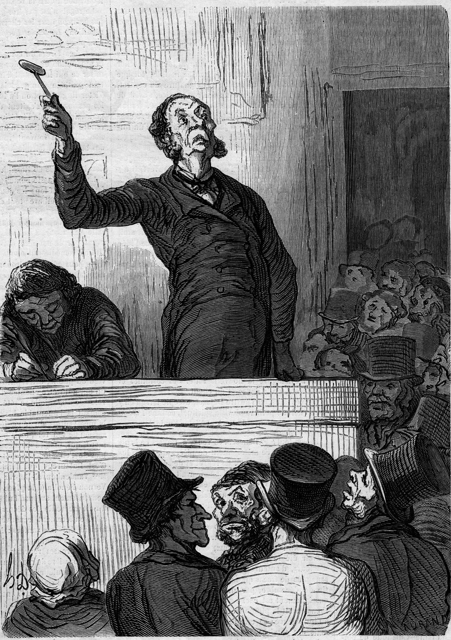 Huutokauppatalo: huutokaupanpitäjä (huutokaupanpitäjä). Sarjakuva Honore Daumier (1808-1879). Kaiverrus "" Le Monde Illustré" -julkaisussa nro 300 10. tammikuuta tekijältä Honoré Daumier