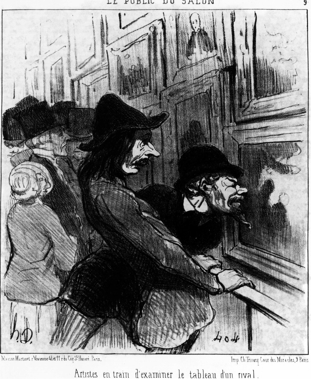 Esityksen yleisö. Taiteilijat tutkivat kilpailijan maalausta Honore Daumierin (1808-1879) sarjakuvasarjasta Paintings and Salons. “Charivari” tekijältä Honoré Daumier