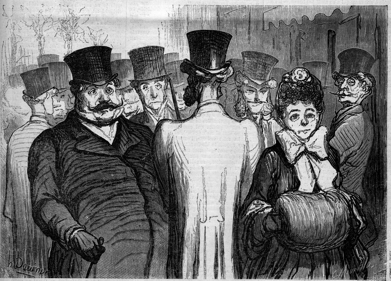 Italialaisten bulevardi. Sarjakuva Honore Daumier (1808-1879). Kaiverrus "" Le Monde Illustré" -julkaisussa nro 252, 8. helmikuuta tekijältä Honoré Daumier