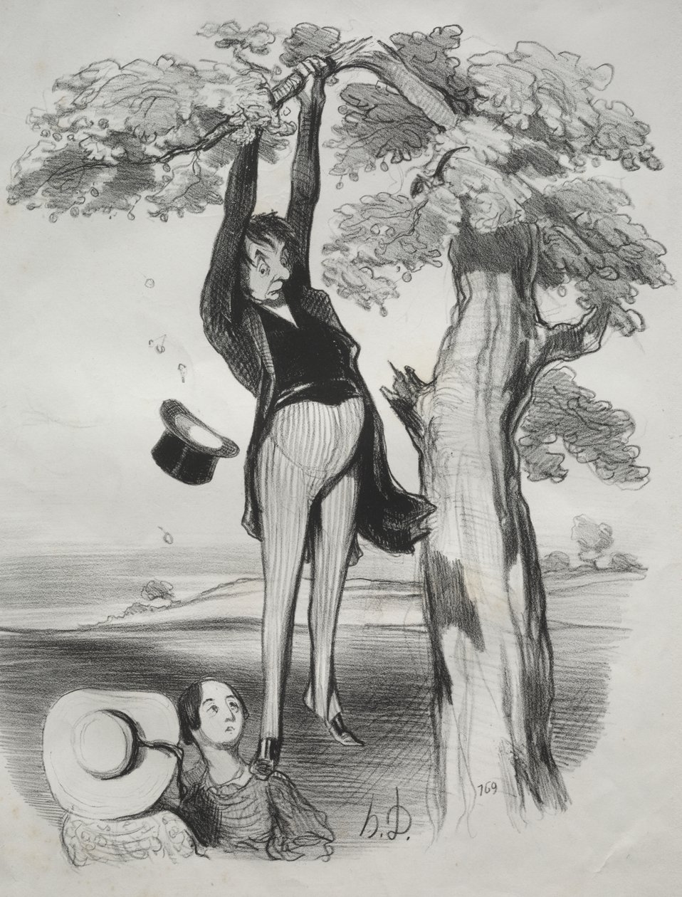 Luumupuun liian voimakkaan ravistelun vaarat (kun ihminen on aikuinen) tekijältä Honoré Daumier