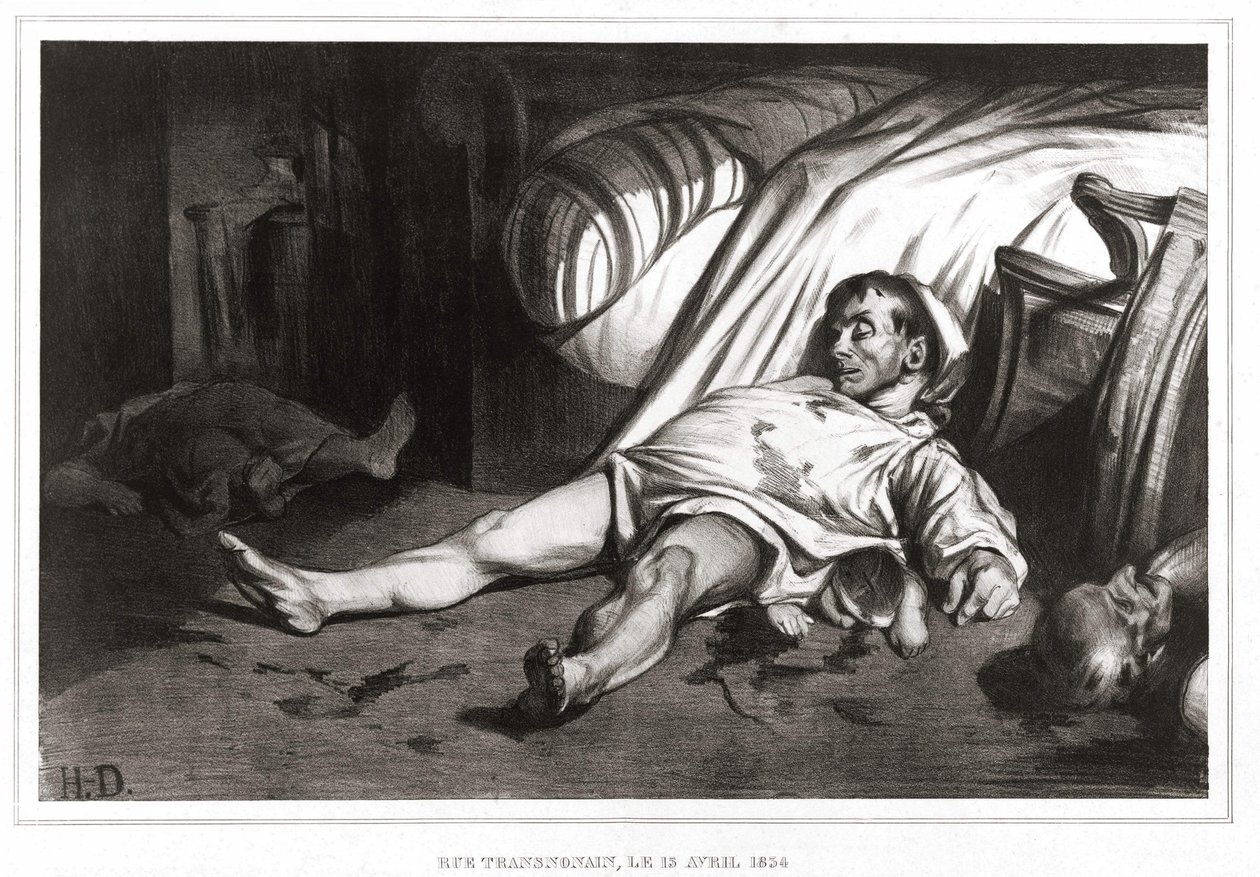Rue Transnonainin verilöyly 14.4.1834 (litografia) 1837 tekijältä Honoré Daumier