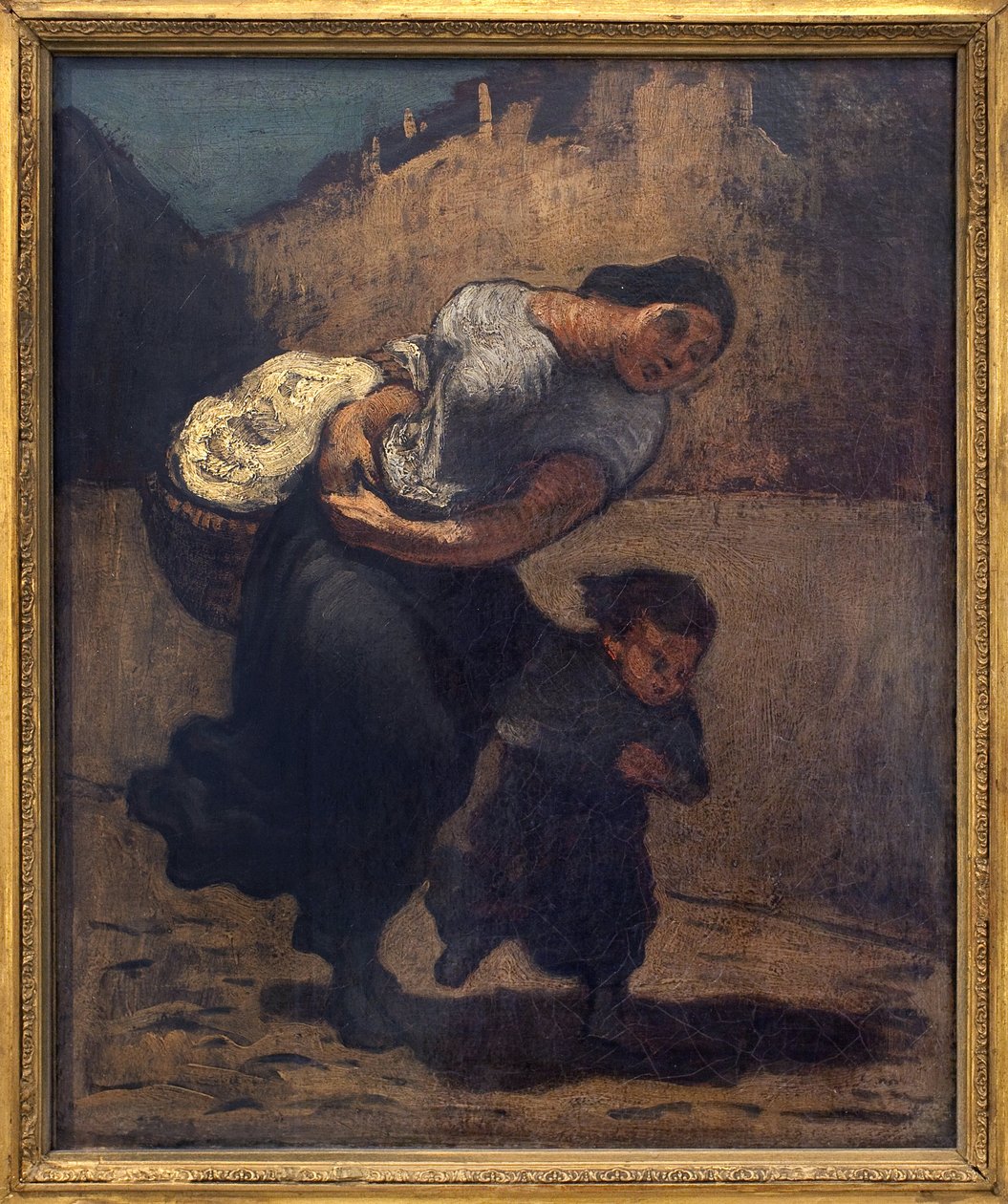 Myrsky (laventeli). Nainen, jolla on lyhyt kori lapsen kanssa, luultavasti suojautuakseen sateelta. Honore Daumierin (1808-1879) taideteos, öljy pahville tekijältä Honoré Daumier