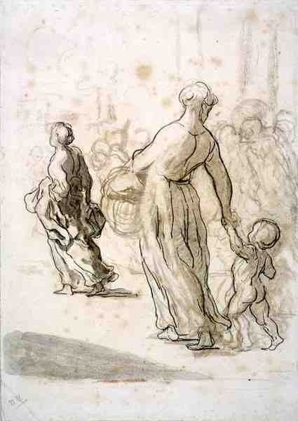 Kaksi naista ja lapsi, n. 1848-50 (liitu, puuhiili ja guassi antiikkipaperilla) tekijältä Honoré Daumier