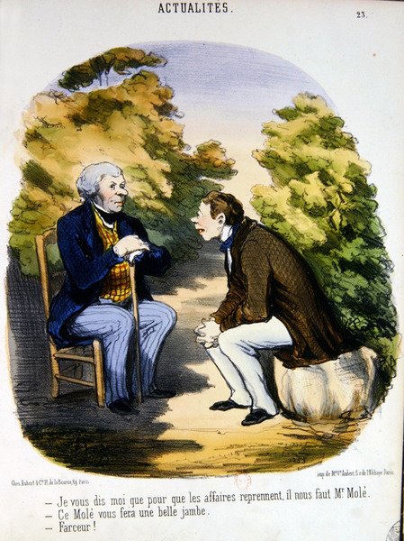 Kaksi miestä keskustelemassa politiikasta ja Comte de Molen hyödyllisyydestä (värilitho) tekijältä Honoré Daumier