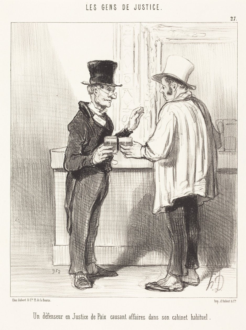 Puolustusasianajaja... keskustelemassa... tavanomaisessa työhuoneessaan tekijältä Honoré Daumier