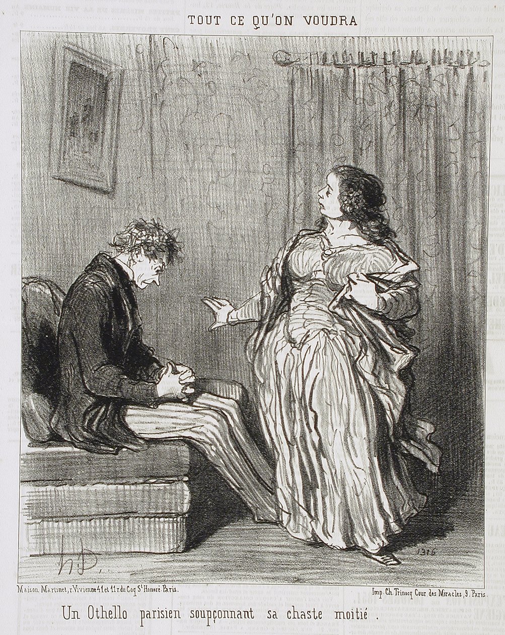 Pariisilainen Othello, joka epäilee siveää puolisoaan tekijältä Honoré Daumier