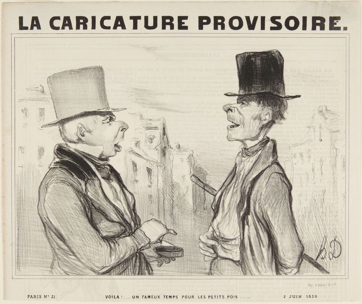 Kas! Mainio sää pienille herneille..., numero 3 sarjasta Pariisilaisia tyyppejä, julkaisusta La Caricature Provisoire tekijältä Honoré Daumier