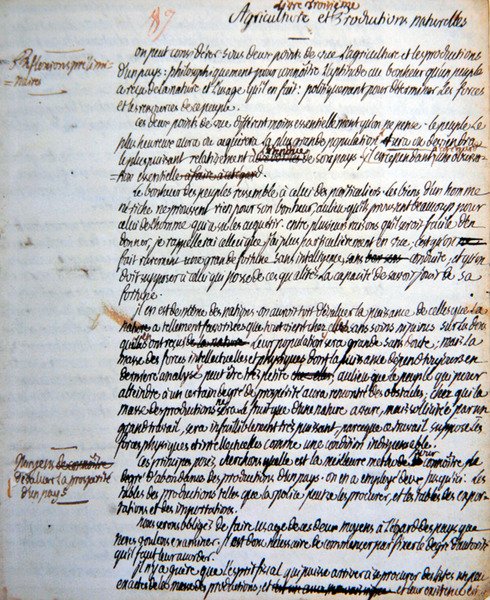 Sivu Mirabeaun tutkielmasta Preussin monarkian maatalous-, talous- ja sotilaallisesta organisaatiosta "De la Monarchie Prussienne" (muste paperille) tekijältä Honore Gabriel de comte de Mirabeau Riqueti