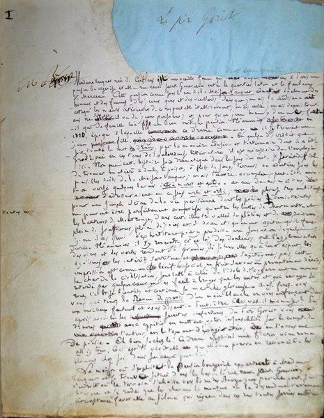Le Pere Goriotin käsikirjoituksen ensimmäinen sivu (kynä ja muste paperille) tekijältä Honore de Balzac