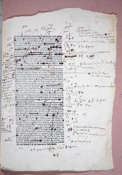 Todiste "Modeste Mignon" -julkaisun sivulta 174, jossa on kirjoittajan huomautuksia ja korjauksia (kynä ja muste paperille) tekijältä Honore de Balzac