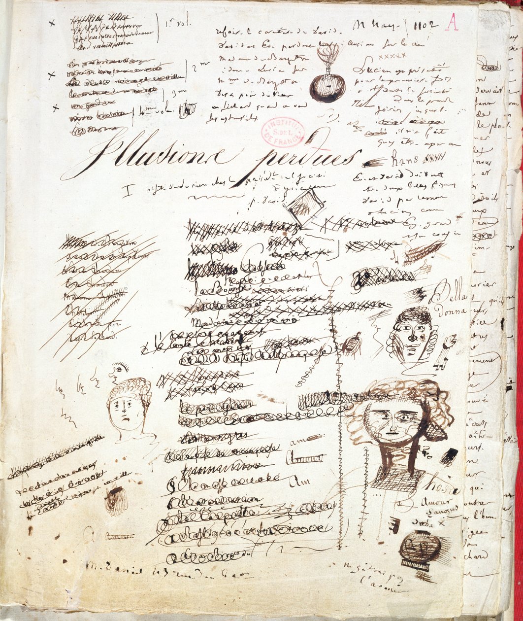 Les Illusions Perduesin otsikkosivu, c. 1830-40 (kynä ja muste paperille) tekijältä Honore de Balzac
