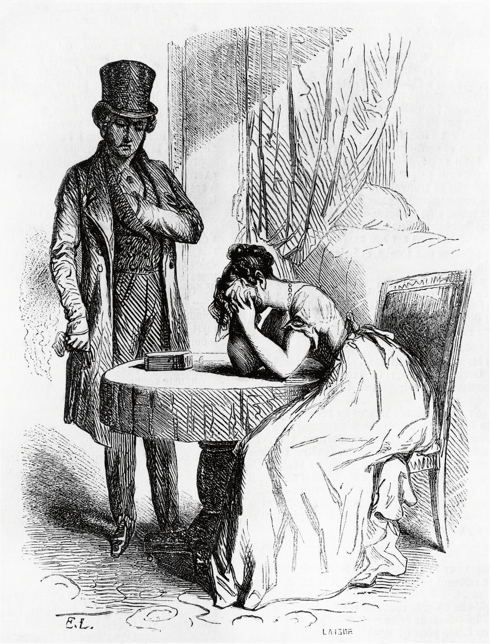 Nainen epätoivossa miehen katseessa, Honore de Balzacin (1799-1850) kuvitus Ferragusista, ranskalainen painos tekijältä Honore de Balzac