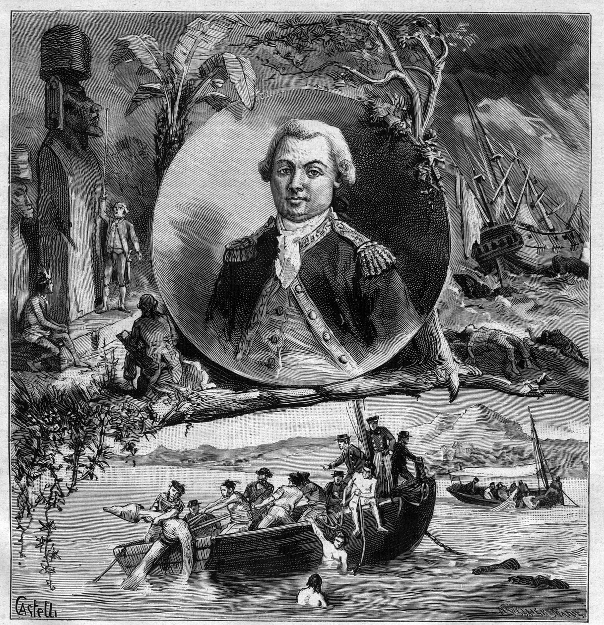 Le Centenaire de La Perouse (Jean Francois de Galaup Laperouse) - Muotokuva hänen saapumisestaan pääsiäissaarelle vuonna 1786 ja Dumont d