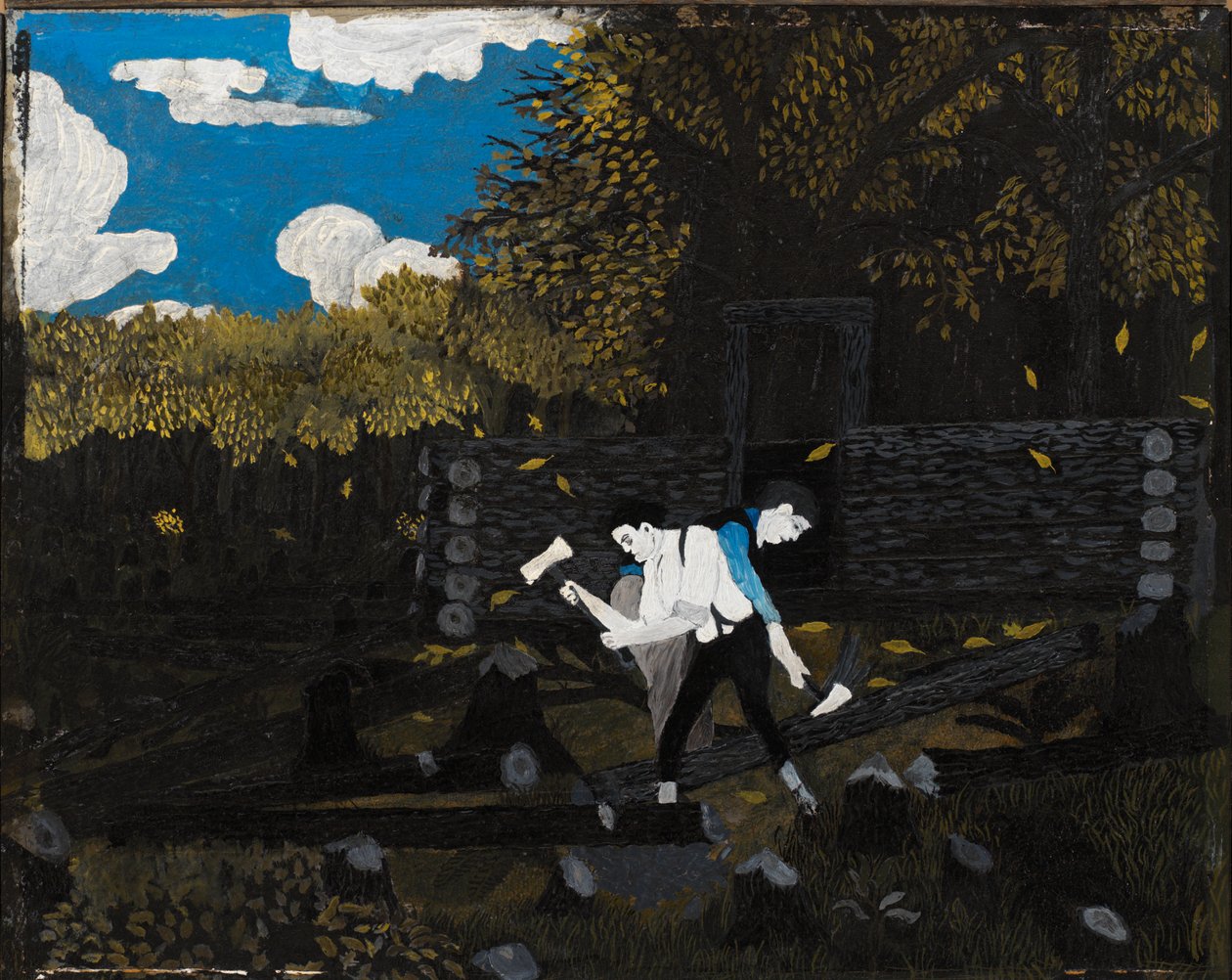 Abraham Lincoln ja hänen isänsä rakentavat mökkiään Pigeon Creekille tekijältä Horace Pippin
