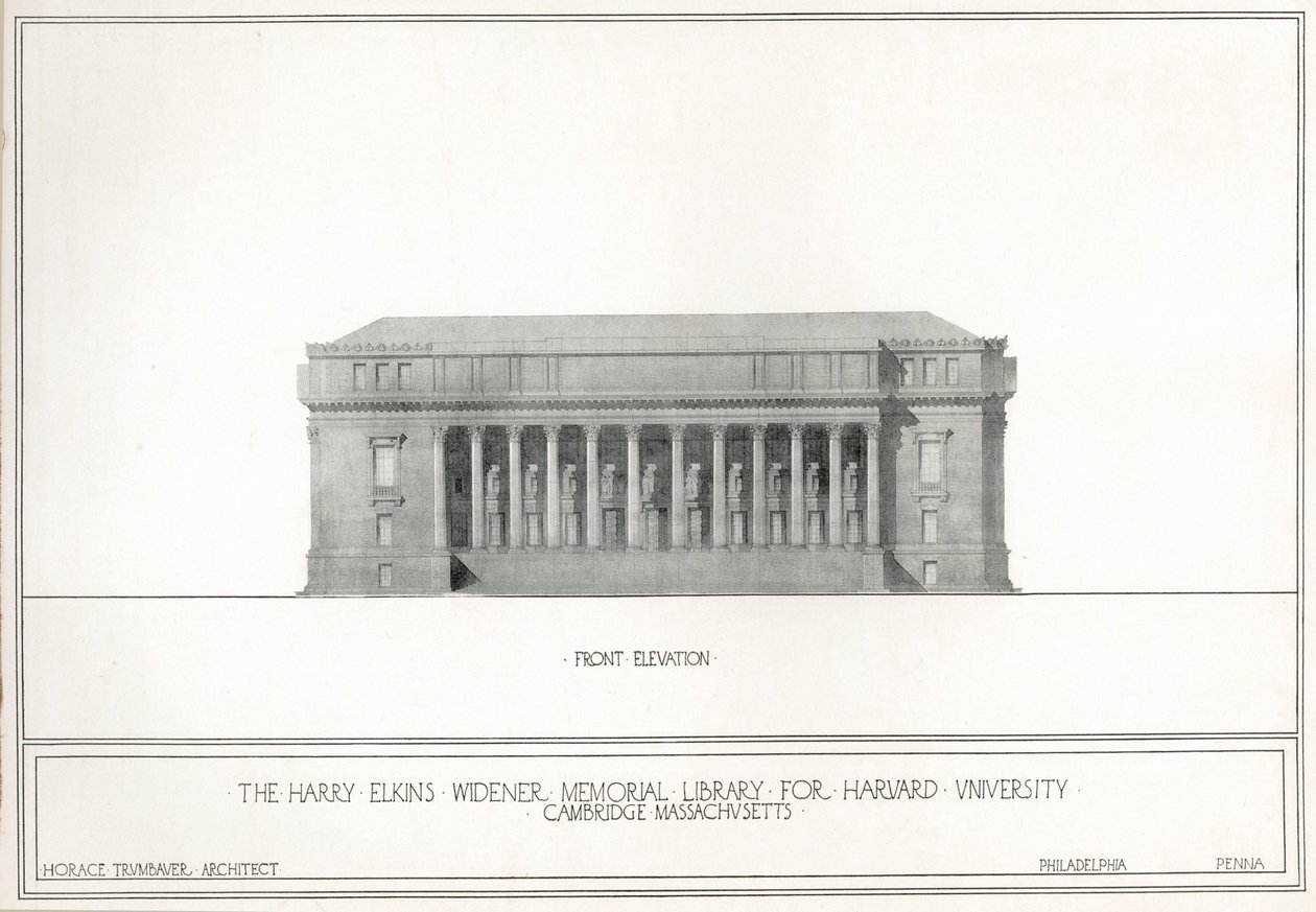 Etukorkeus, Harry Elkins Widener Memorial Library for Harvard University, Cambridge, Massachusetts (litho) tekijältä Horace Trumbauer