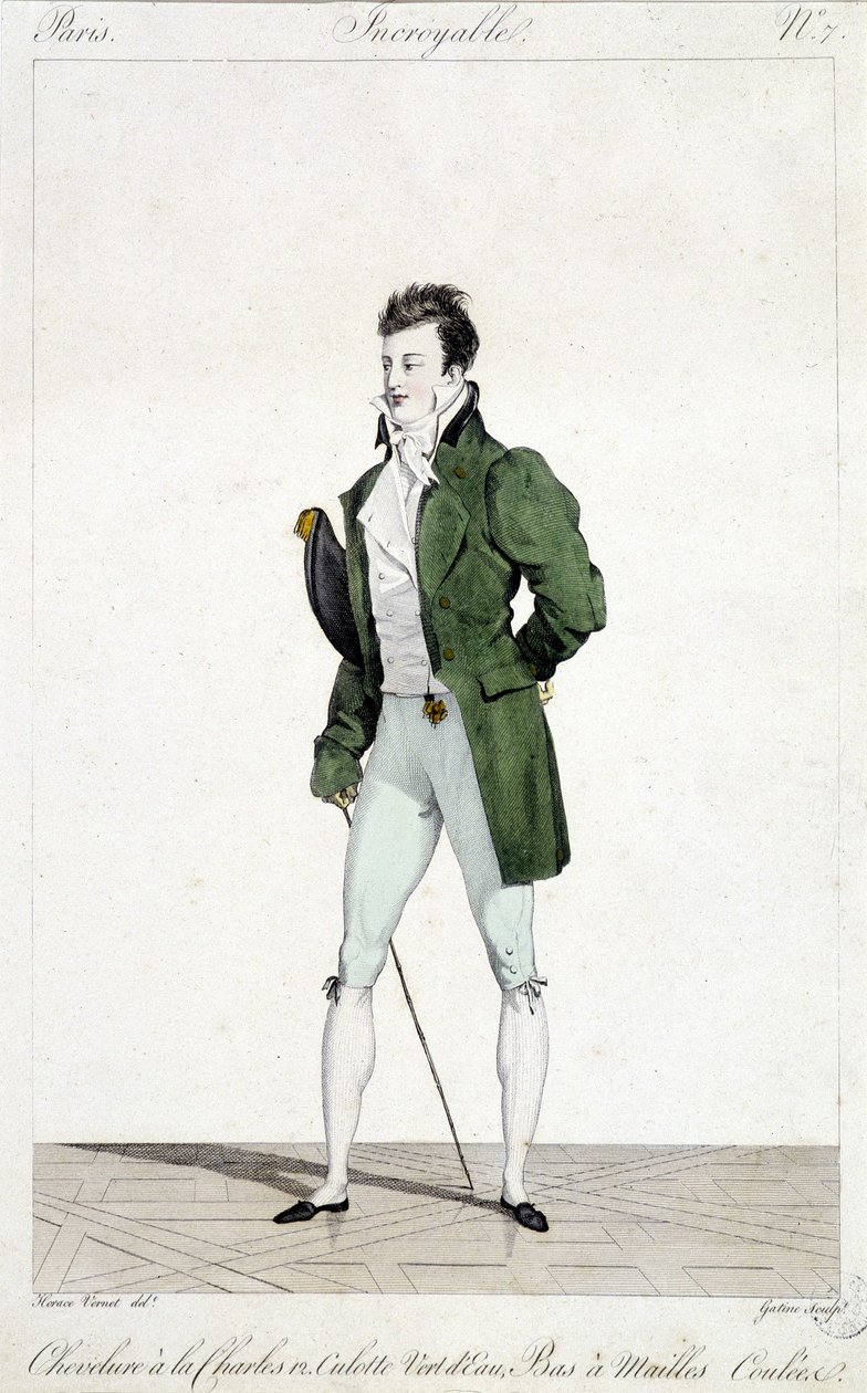 Ihme Pariisi. Miehellä on Kaarle XII:n hiukset, päällään vedenvihreät pikkuhousut ja juoksevat verkkosukat. Horace Vernet (1789 - 1863) kuvitus miesten muotista noin 1810. tekijältä Emile Jean Horace Vernet