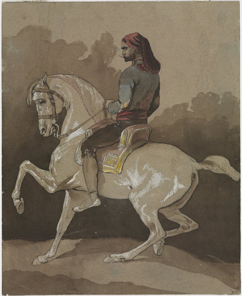 Arabi hevosen selässä, noin 1800 (kynä, tussi, akvarelli ja guassi). tekijältä Horace Vernet