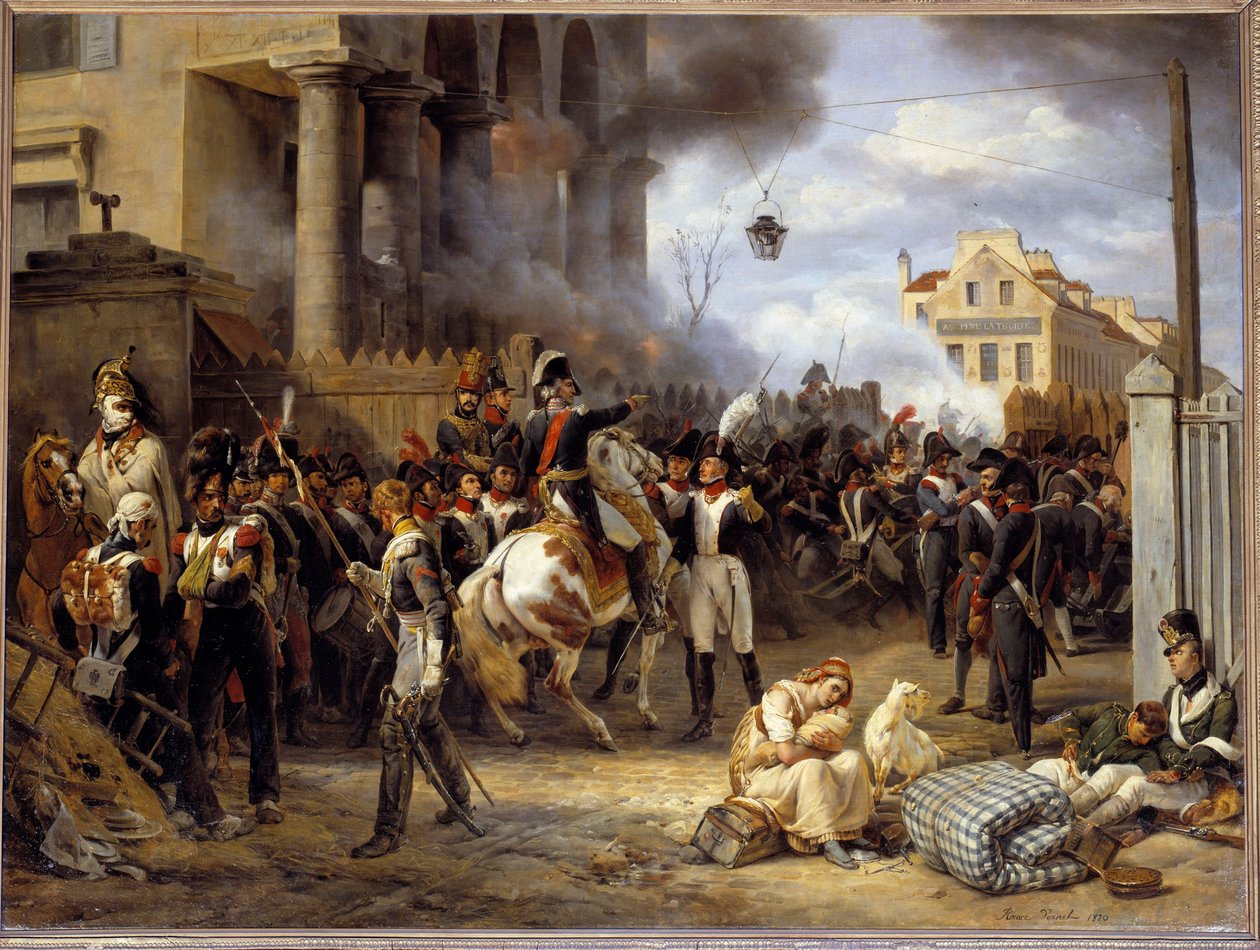Ranskan kampanja: "" La barriere de Clichy, Pariisin puolustus 30.3.1814"" Keskellä kenraali Moncey. Emile Horace Vernet (1789-1863) maalaus 1820 su. 0,97 x 1,30 m tekijältä Emile Jean Horace Vernet