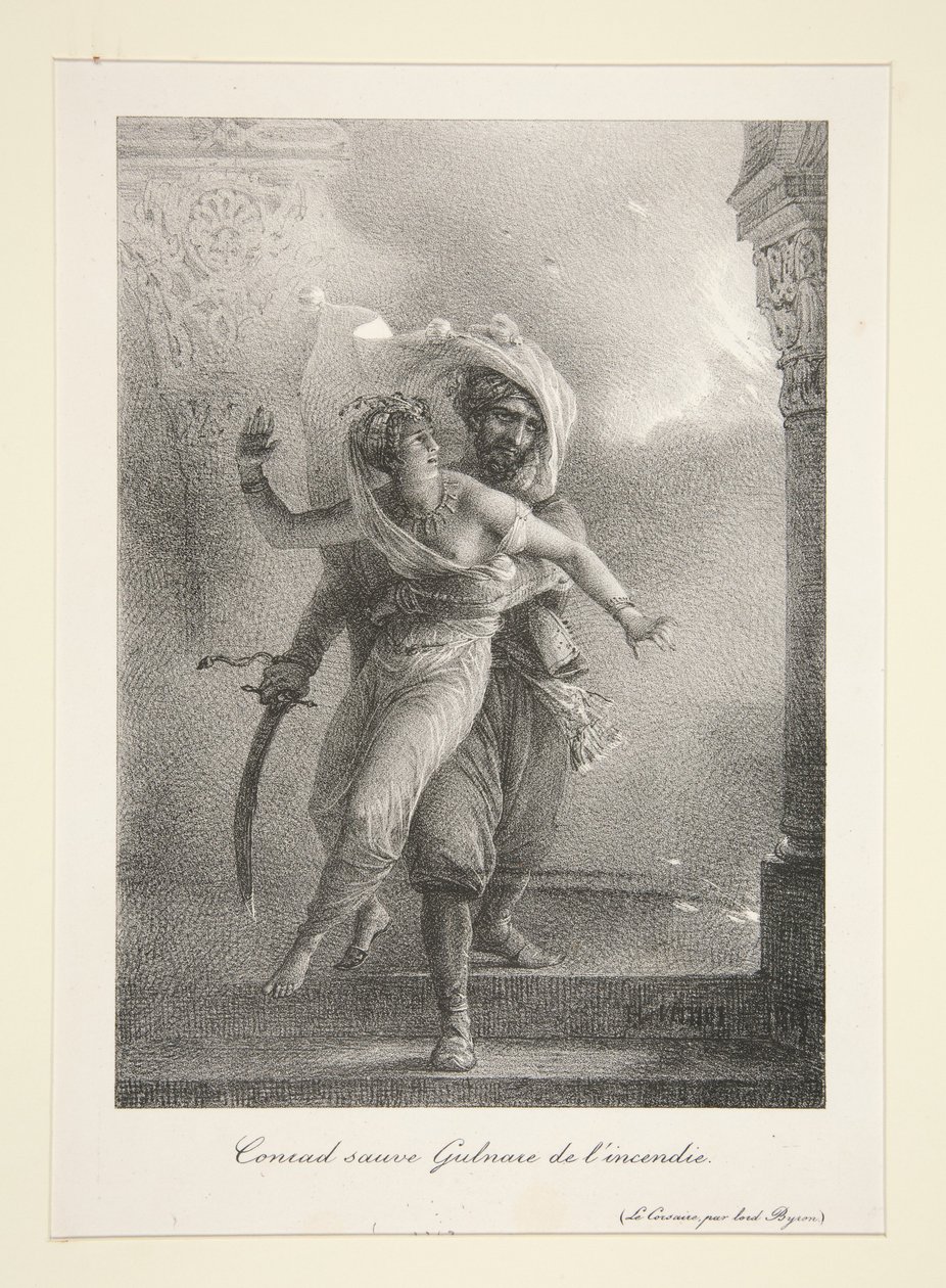 Conrad pelastaa Gulnaren tulipalosta (Byronin "Korsaarin" mukaan) tekijältä Horace Vernet