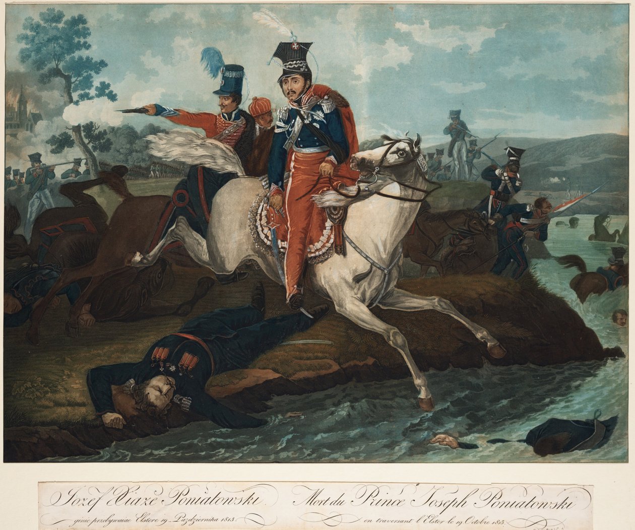 Prinssi Józef Poniatowskin kuolema Leipzigin taistelussa 1820 tekijältä Emile Jean Horace Vernet