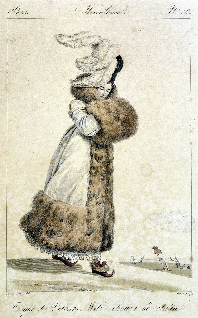 Tyylikäs nainen yllään takki ja samettihattu höyhenillä. Naisten muotikuvitus, Horace Vernet (1789 - 1863) numerolle 20, noin vuodelta 1810, "Wonderful"". tekijältä Emile Jean Horace Vernet