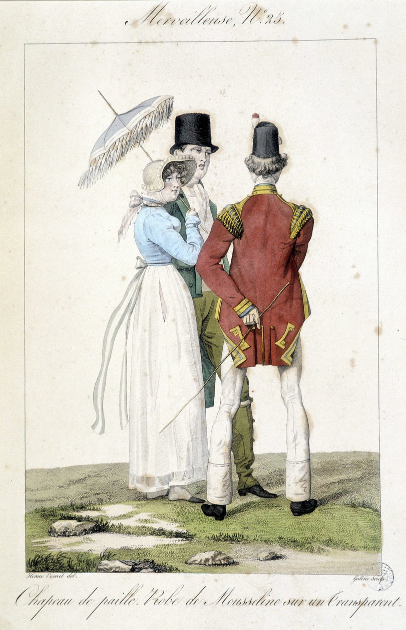 Horace vernetin (1789 - 1863) muotikaiverrus, joka tehtiin noin 1810 "Marvelousin" numerolle 25, joka edustaa naisellista muotia (olkihattu ja sifonkimekko) ja maskuliinisuutta. tekijältä Emile Jean Horace Vernet