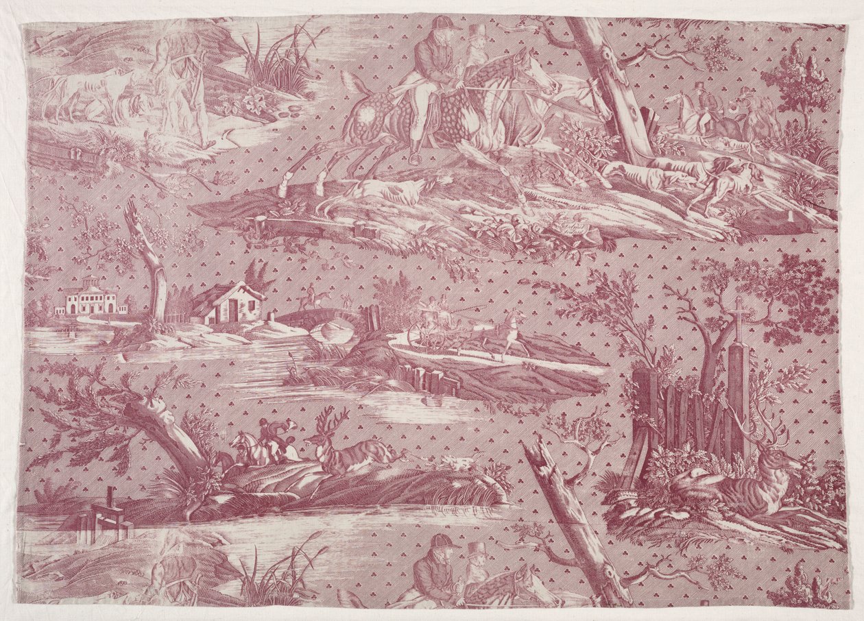 Fragmentti kuparipainettua puuvillaa metsästyskuvalla, n. 1815. tekijältä Emile Jean Horace Vernet