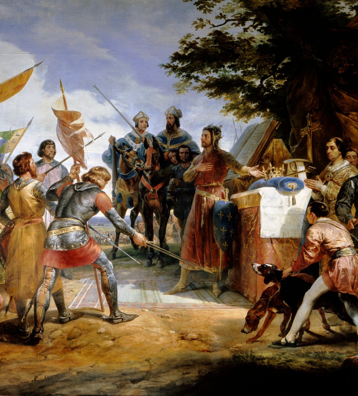 Ranskan ja Englannin sota (1202-1214): "" Bouvinesin taistelu 27.7.1214, Philippe Auguste asettaa peliin Ranskan kruunun"" Hän vastusti Philippe Augusten ranskalaista armeijaa Othon IV:n flaamilaisia ja welfiä vastaan . Ranskan voitto oli ratkaiseva o tekijältä Emile Jean Horace Vernet