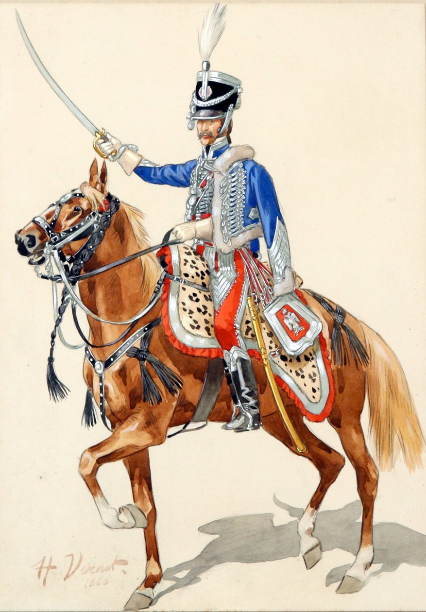 Hussard russe levant pojan sapeli - Venäjän husaari nostamassa sapeliaan par Vernet, Horace (1789-1863), - Akvarelli ja muste paperille, 30x21 - Yksityiskokoelma tekijältä Emile Jean Horace Vernet