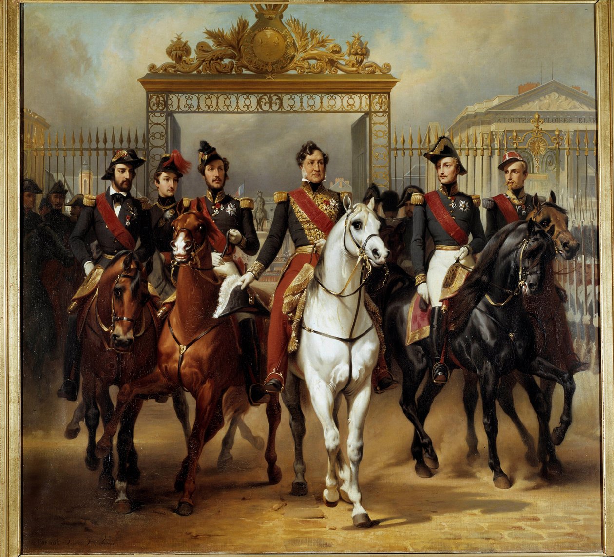 Kuningas Louis-Philippe I (Louis Philippe) ympäröi viittä poikaansa, jotka tulevat ulos Versaillesin linnan kunniaruudukosta läpäistyään sotilaallisen tarkastelun tuomioistuimissa 10.6.1837 Horace Vernet