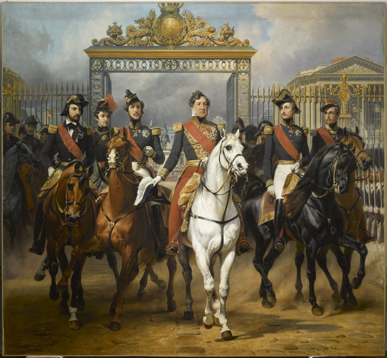 Kuningas Louis-Philippe viiden poikansa ympäröimänä poistumassa Versailles