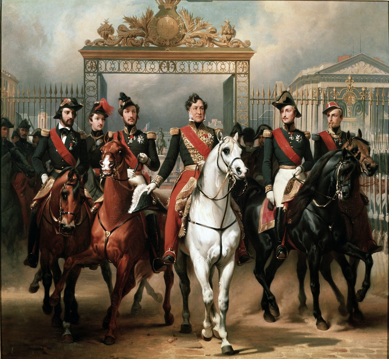 Kuningas Ludvig-Philippe viiden poikansa ympäröimänä, jotka lähtevät Versaillesin palatsin pääportin läpi suoritettuaan sotilastarkastuksen pihoilla tekijältä Emile Jean Horace Vernet