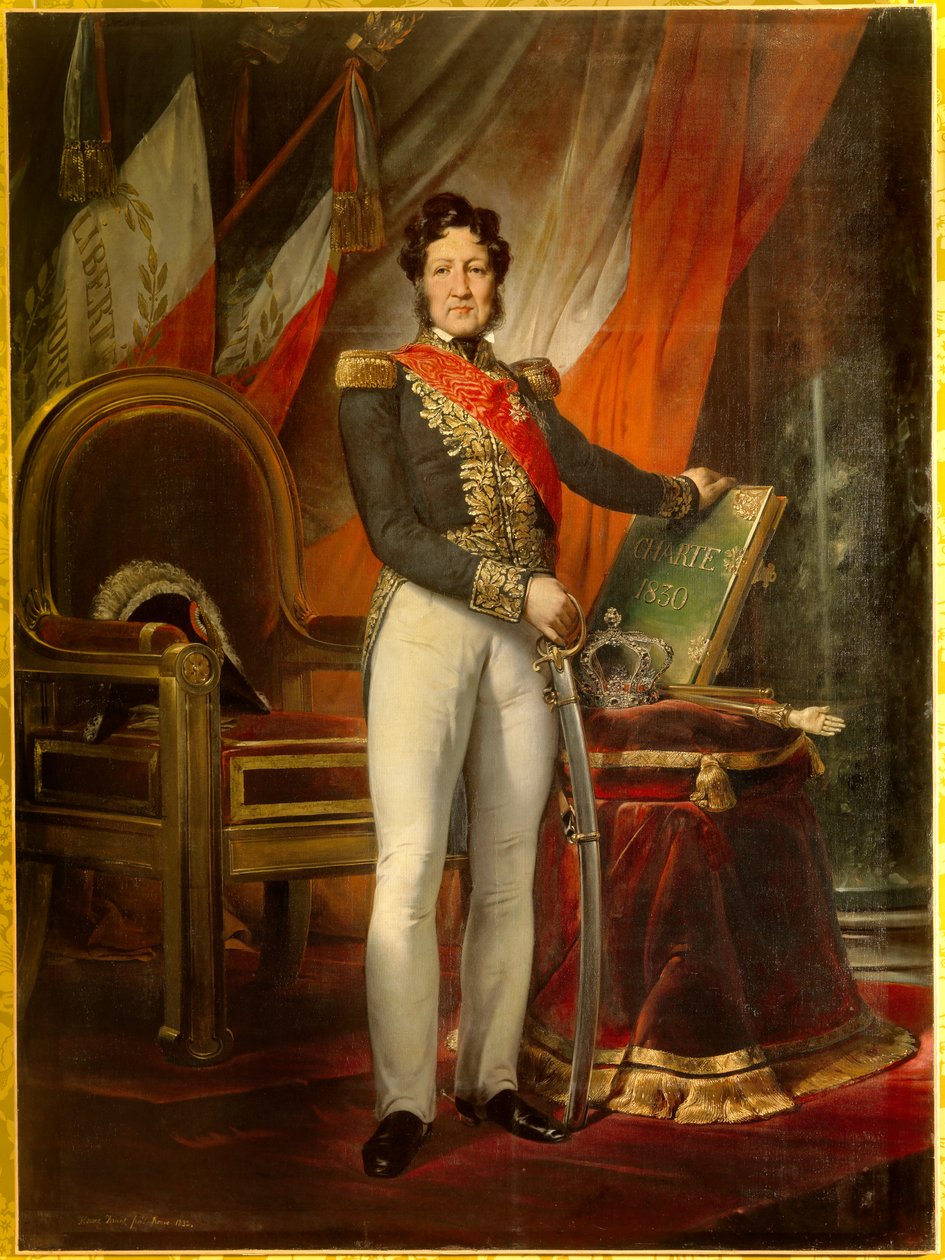 Portrait en pied de Louis Philippe 1er (1773-1850), Ranskan kuningas, jolla on vuoden 1830 peruskirja. Kuninkaan takana olevissa kolmivärisissä lipuissa on tunnuslause "Liberte Egalite Fraternite". Emile Jean Horace Vernet