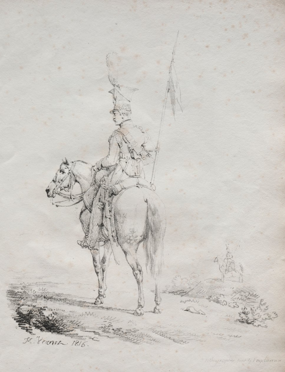 Kokoelma litografisia esseitä: Le Lancier en Vedette, 1816. tekijältä Emile Jean Horace Vernet
