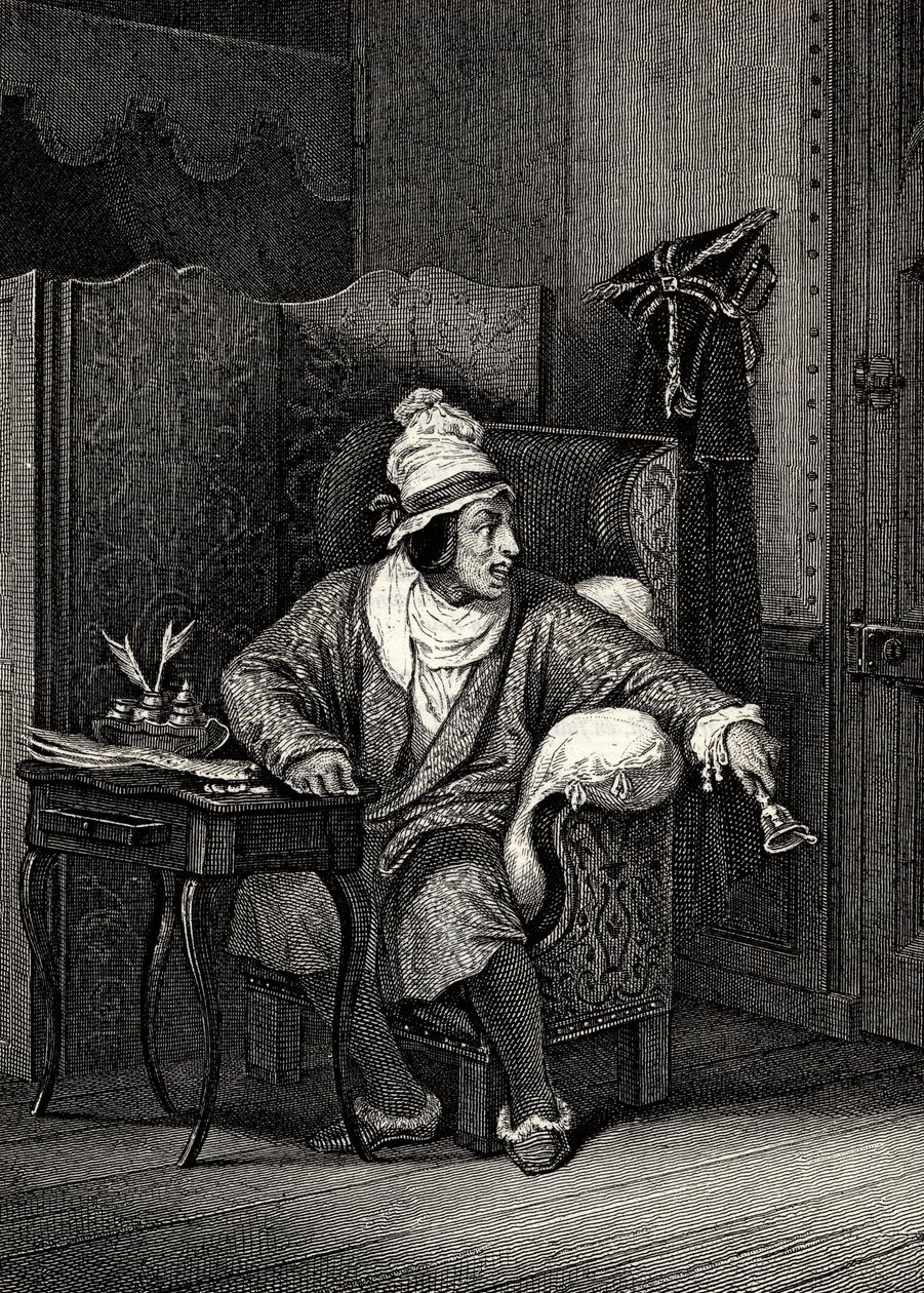 Kohtaus Molieren kuvitteellisesta Invalidista, Horace Vernet, kaiverrus - Jean-Baptiste Poquelin dit Moliere (1622-1673) Le Malade imaginaire tekijältä Emile Jean Horace Vernet