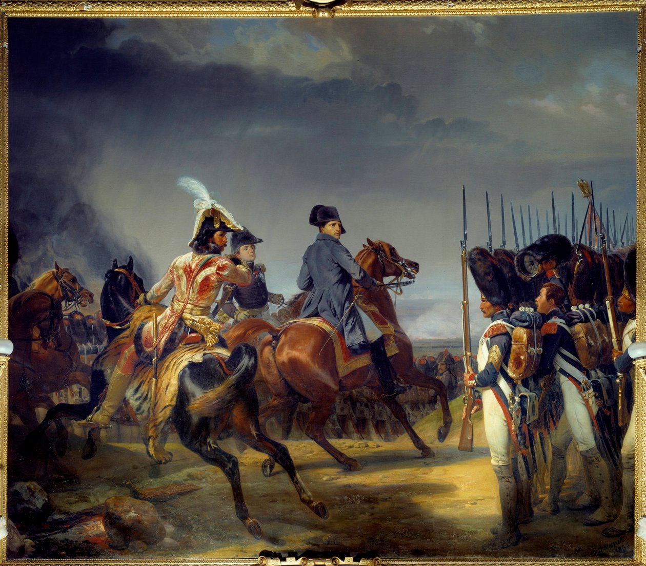Ienan taistelu 14.10.1806, keisari Napoleon I (1769-1821), Joachim Murat ja Louis Alexandre (Louis-Alexandre) Berthier läpäisivät vartijakatsauksen Emile dit Horace Vernet (1789-1863) maalaus 1836 Dim 4, 65x5,43 m tekijältä Emile Jean Horace Vernet