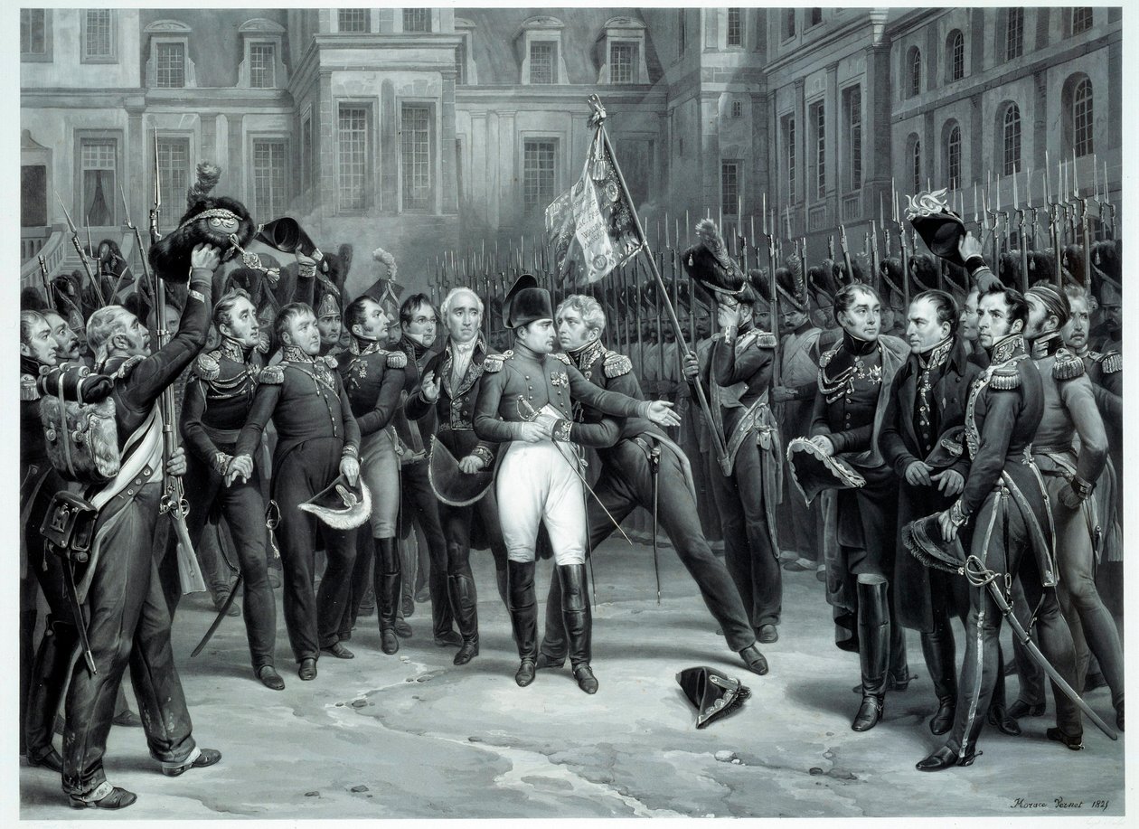 Napoleon Bonaparten (1769-1821) jäähyväiset keisarilliselle vartijalle Cheval Blancin pihalla Fontainebleaussa 20.4.1814 Emile Vernet
