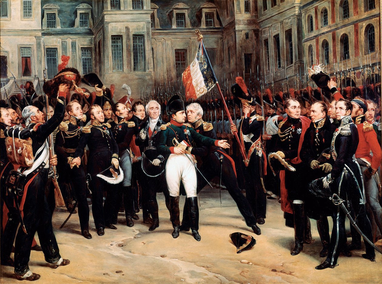 Napoleon Bonaparten jäähyväiset Fontainebleaun keisarilliseen kaartiin tekijältä Emile Jean Horace Vernet