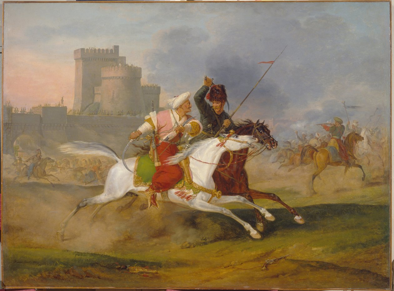 Turkki ja kasakka - Horace Vernet (1789-1863), öljy kankaalle tekijältä Emile Jean Horace Vernet