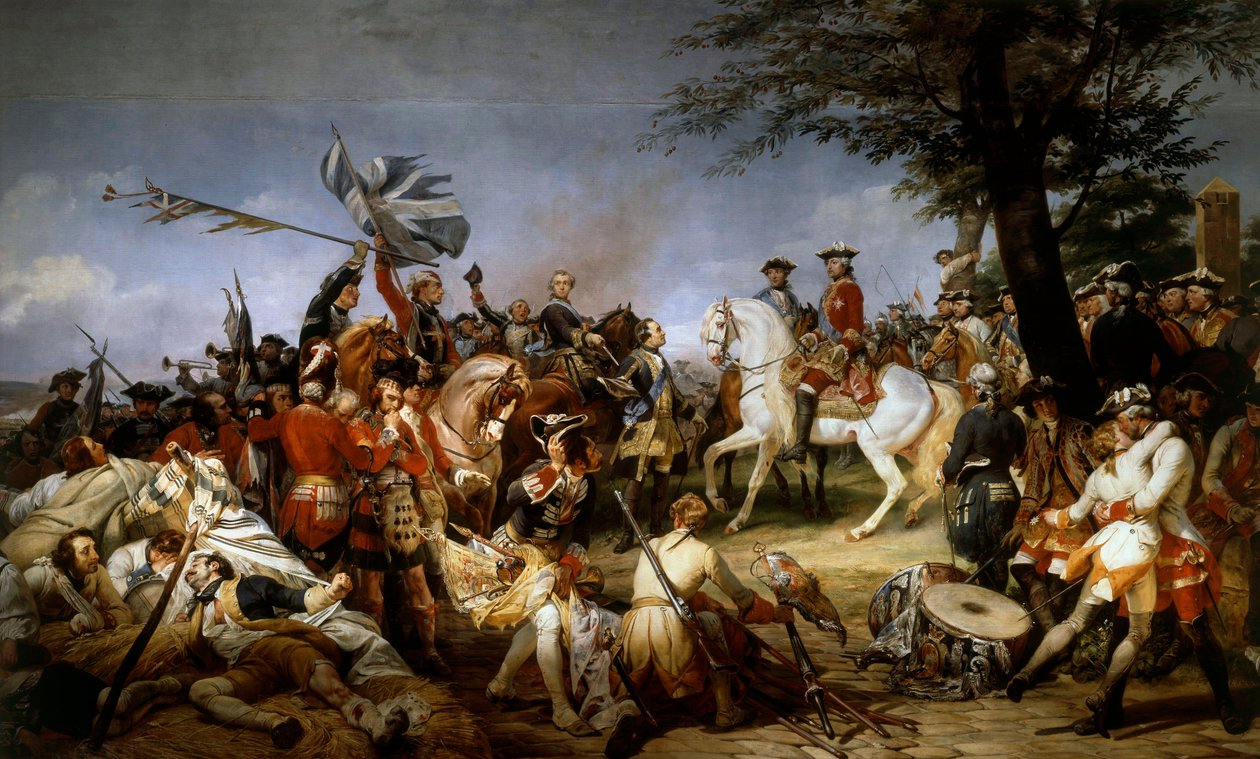 Itävallan peräkkäissota (1740-1748): "" Fontenoyn taistelu 11.5.1745; Saksin Marechal esitteli Louis XV:lle vangit ja Englannin liput””” Emile Horace Vernet
