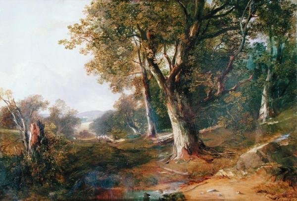 Metsämaisema ja linna kaukana, n. 1865 (öljy kankaalle) tekijältä Horatio McCulloch