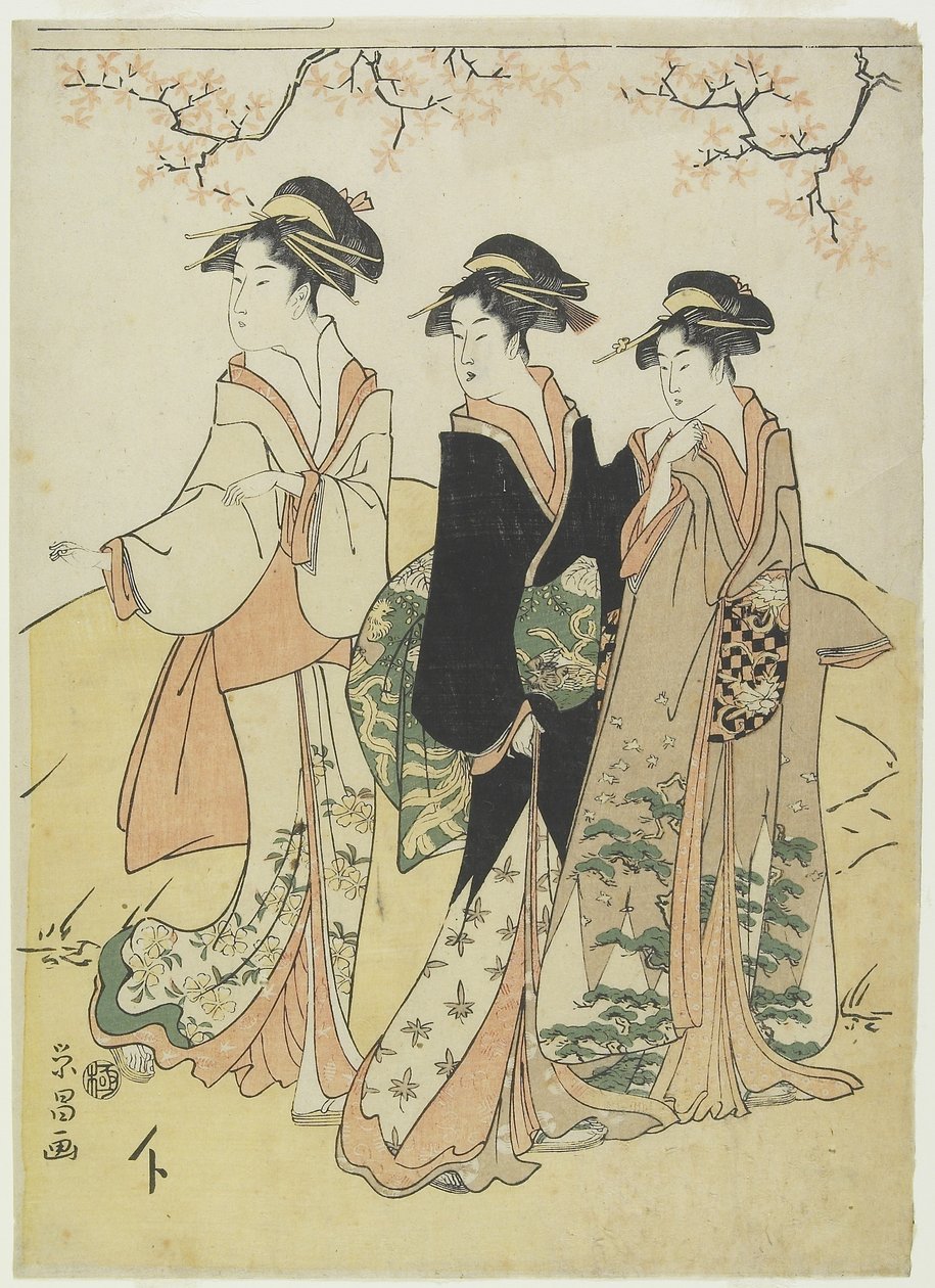 (Kolme kurtisaania kirsikkapuun alla), c. 1790-luku tekijältä Hosoda Eisho