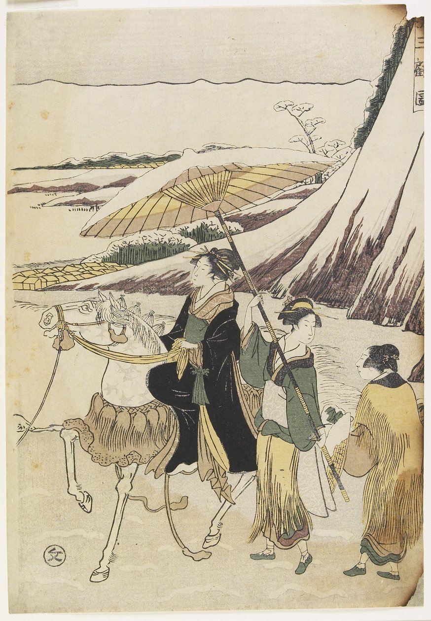 Kolme naista matkalla rotkon läpi, 1794-96 (värillinen puupainatus) tekijältä Hosoda Eiri