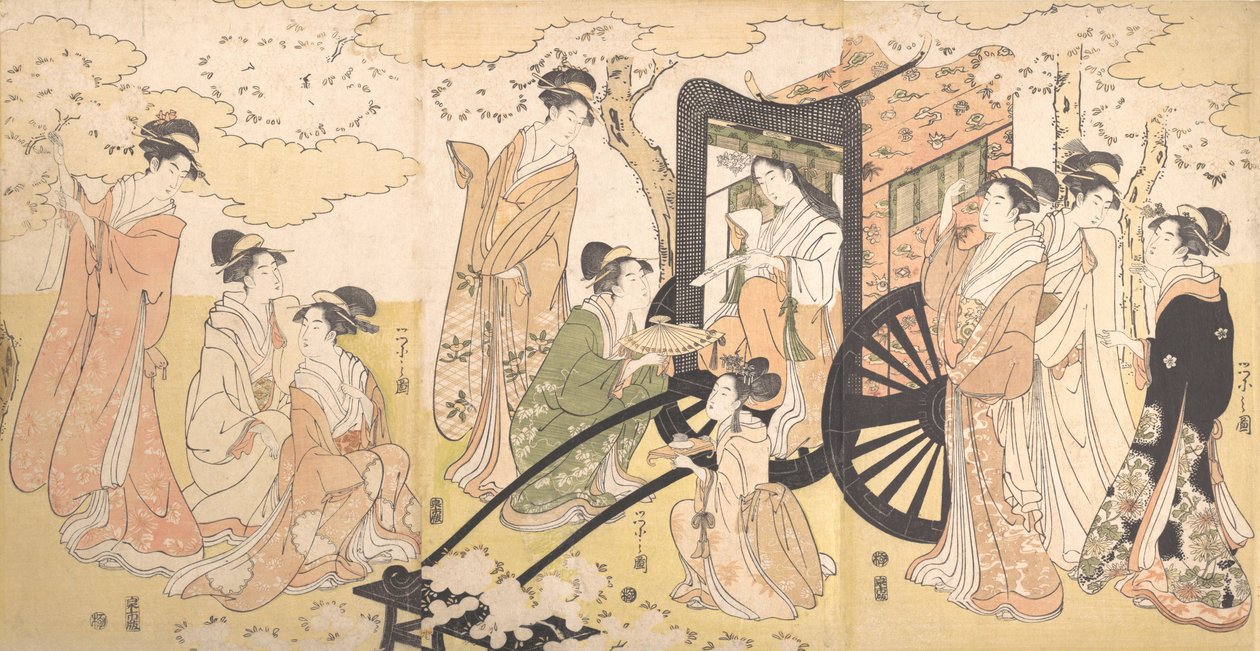 Kirsikka-katseluretki jaloladyn ja avustajien kanssa, n. 1797. tekijältä Hosoda Eishi