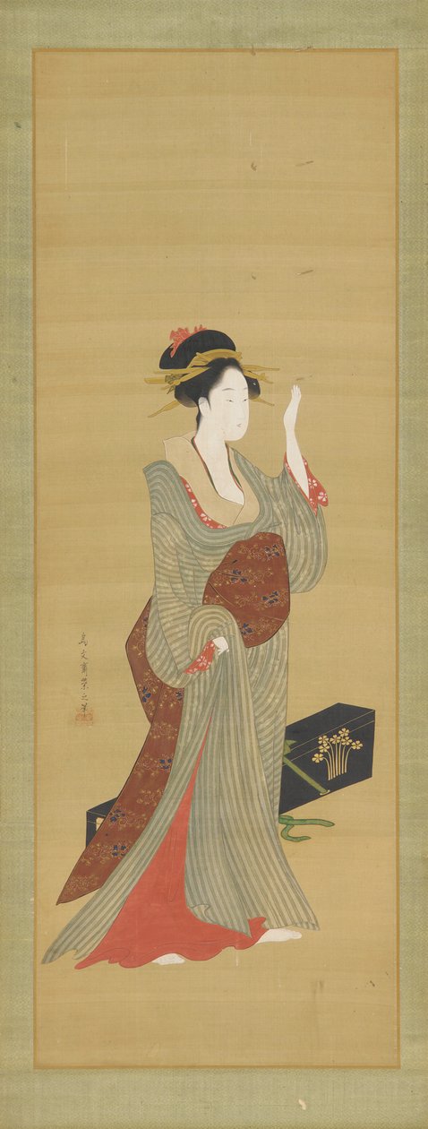 Geisha säätelemässä kilpikonnankuorista hiusneulaa, 1700-luvun loppu. tekijältä Hosoda Eishi