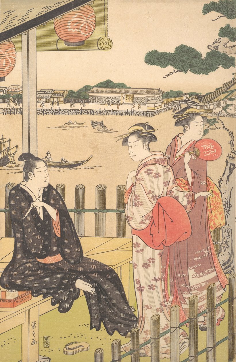 Ryhmä teehuoneessa Sumida-joen rannalla, n. 1790. tekijältä Hosoda Eishi