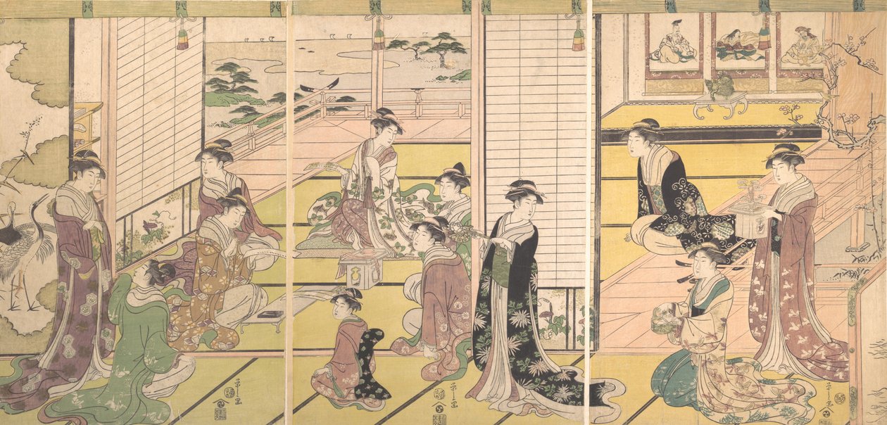 Kolmen runouden jumalan kunnioittaminen: Naiset säveltävät runoja, n. 1792. tekijältä Hosoda Eishi